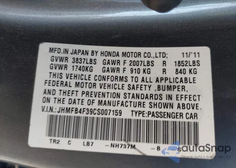 2012 Honda Civic Hybrid z USA, uszkodzony, nr VIN JHMFB4F39CS007159